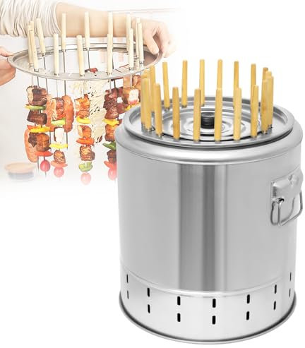 DFANCE Portable Smokeless Barbecue Charcoal Barrel Grill,Stainless Steel Surround Charcoal Kebab Grill with 20 Skewers and BBQ 2-In-1 Design for Picnics Camping Traveling Parties Beaches Gardens