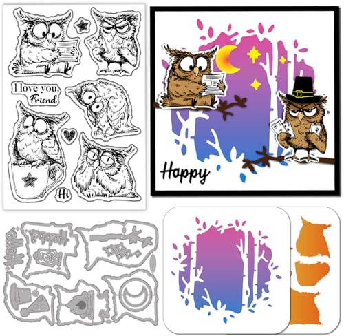 GLOBLELAND Witziger Eulen Vogel Klarer Silikonstempel Cartoon Tiere Schneideschablonen Waldstamm Farbhandwerk Schablonen Für Kartenherstellung Scrapbooking Bastel DIY Prägung