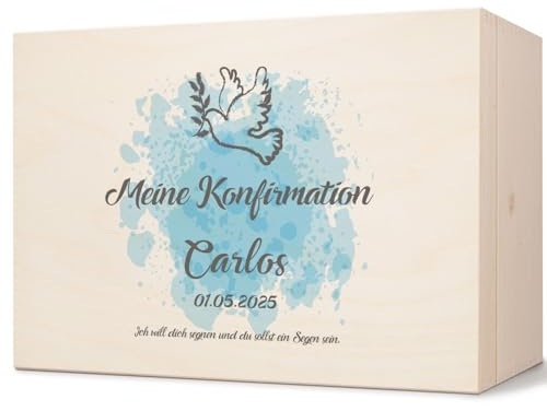 GRAVURZEILE Bedruckte Erinnerungskiste - Symbole - Personalisiert mit Name & Datum - Erinnerungsbox für Mädchen & Jungen - Geschenk zur Kommunion, Konfirmation & Taufe - Erinnerungsbox
