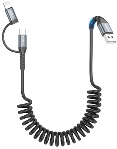 SUNGUY USB auf Light-ning Spiralkabel,1.5M【Empfohlene Dehnlänge 0.4M-1M】 MFI 2 in 1 USB auf Typ C und Light-ning Kabel für Android Auto Carplay iphone 13/16, Galaxy S24,Google Pixel, Xiaomi-Grau