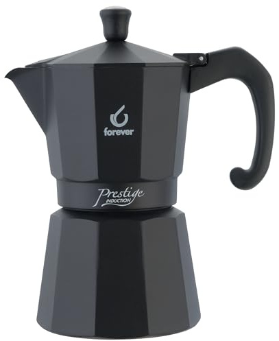 FOREVER Caffettiera Moka per Induzione, Miss Moka Prestige Induction 'All Black', Caffettiera Moka per Casa, Caffettiera Portatile per Viaggio, inclusa Guarnizione in Silicone (6 Tazze)