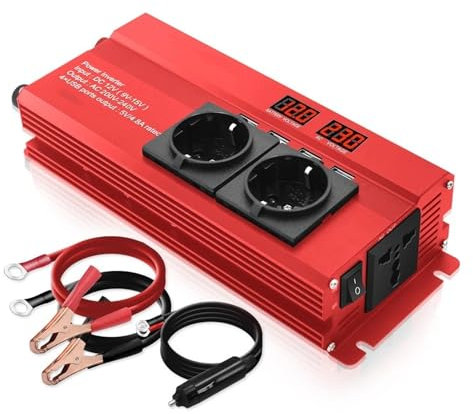 Convertisseur Onduleur Voiture 2600 W 12 V/24 V CC vers 220 V CA Affichage LED 4 Ports USB Chargeur Transformateur Prise UE/Universelle Transformateur(12V EU Red)
