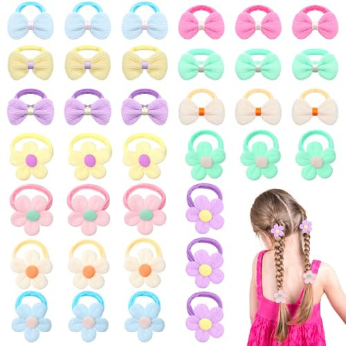 XLIUAX 36 st småbarn hårslipsar för flickor, baby hårrosetter söta blommor elastiska scrunchies sömlösa ponytail hållare hårtillbehör för tjockt hår, godisfärger