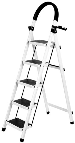 Klappbare Trittleiter, 5 Stufen, mit Werkzeugablage und Handläufen, für Haus, Küche, Speisekammer, Schränke, Büro, Leiter, zusammenklappbar, 5-stufig, für den Innen- und Außenbereich (weiß)