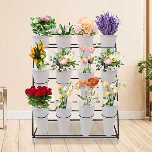 Estante para carrito de flores, soporte para plantas de 3 niveles con ruedas giratorias y freno para exhibición floral en interiores y exteriores, perfecto para jardín y floristería