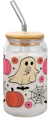 Jeruytgh Tasse De Paille En Verre, Avec Couvercles Et Pailles, 400 Ml, Tasse En Verre Fantôme À La Halloween, Tass e À Café Glacé Effrayante, Léger Et Portable, Pour Smoothies, Jus