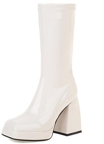 Gicoiz Moda Punta Quadrada Tacón Ancho Mujer Botas Elásticas Media Pierna Invierno Chunky Noche Fiesta Rodilla Charol Booty Sin Cordones Beige Talla 36 EU