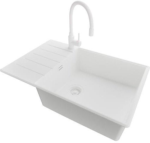 PRIMAGRAN Lavandino da Cucina Tutto Bianco 78x50cm, Lavello in Granito a 1 vasca + Rubinetto 38x14cm + Sifone Classico, Lavabo Incasso al mobile 60cm - Copenhagen