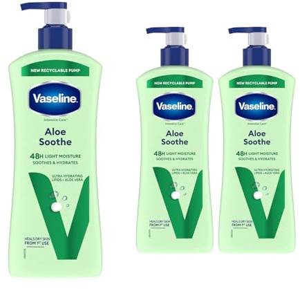 Vaseline Intensive Care Body Lotion Aloe Soothe 3 Pack, Deeply Moisturising Body Moisturiser for Dry Skin, With Aloe Vera and Micro Droplets of Vaseline Jelly, Fast Absorbing Formula, 600ml