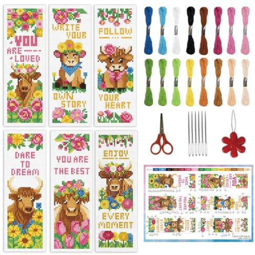 INFUNLY 6 Set Highland Cow Cross Stitch Bookmark Kit 7.6x21.6 cm DIY Embroidery Bookmarks Cotton Linen Pre Printed Pattern with Backing Felt for Book Lovers Readers Craft Gift