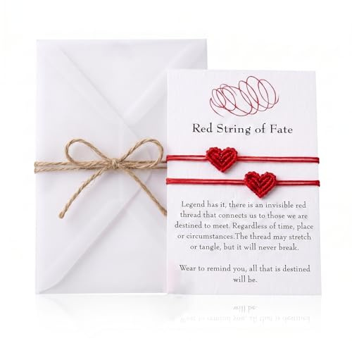 RhiVrillion 2 Bracciali Filo Rosso del Destino Regolabili – Braccialetti Rossi Coppia Fidanzati Fatto a Mano con Cuore, Bracciale Rosso Portafortuna in Confezione Regalo