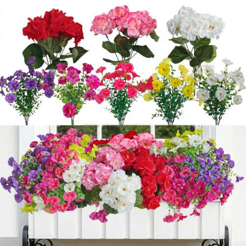Kunstblumen wie Echt,12 Bündel Wetterfest Künstliche Geranien mit Petunien | für Balkon,Garten, Seidenblumen Balkonpflanzen,Balkonkasten Fensterbox Veranda Wohnzimmer,UV-beständig Blumen Innen&Draußen