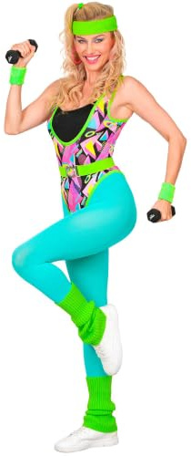 W WIDMANN MILANO Party Fashion - Kostüm 80er Jahre Damen | 80s Set, Aerobic Star mit Body, Strumpfhose, Gürtel, Stirnband und Stulpen für Karneval, Mottoparty und Retro Events