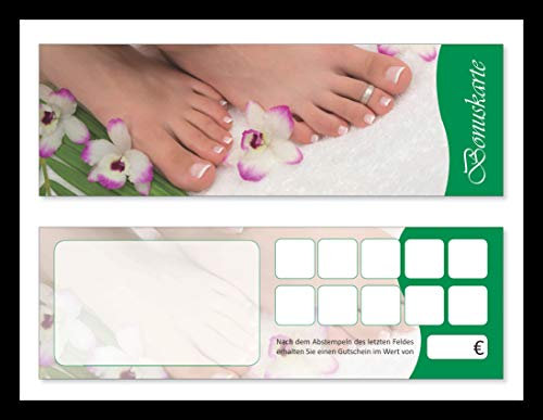 Premium Bonuskarten-Set (100 Stk.) Bonuskarten mit 10 Stempelfeldern Fußpflege Bonuskarten, Pediküre Treuekarten, Maniküre Kundenkarten passend für Wellness, Massagen, Kosmetik uvm.