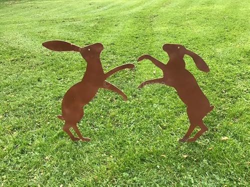 GAP GARDEN PRODUCTS Outdoor garden metal rustic (rust) decorative pair of Boxing hares silhouettes, supplied bare metal that will age to give a beautiful rustic patina finish