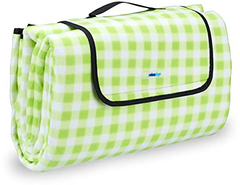 Relaxdays Picknickdecke XXL, 200 x 200 cm, Fleece Stranddecke, wärmeisoliert, wasserdicht, mit Tragegriff, grün-weiß