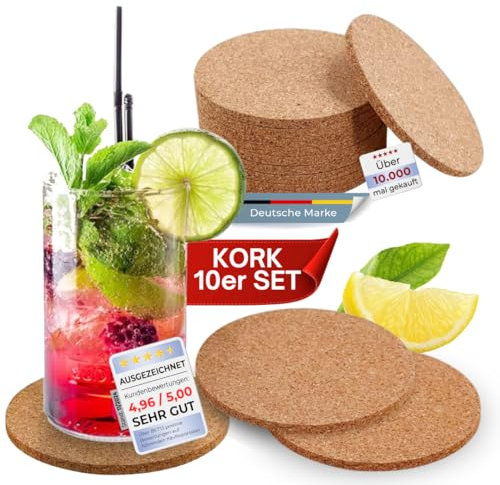 wortek Untersetzer Gläser Korkuntersetzer rund - 10er Set Kork Untersetzer 10cm Korkplatte - Tischuntersetzer Tassenuntersetzer Glasuntersetzer Kork für Raclette, Tee, Kaffee, Cocktail Bar Zubehör