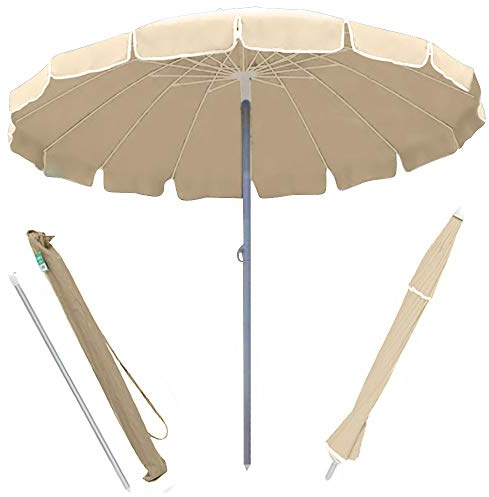 BAKAJI Ombrellone Antivento da Mare Spiaggia Giardino Diametro 220 cm con Palo in Alluminio 32mm Struttura a 16 Stecche in Fibra di Vetro e Rivestimento in Tessuto Poliestere 200g Anti UV (Beige)