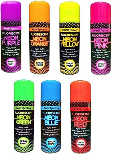 Optimal Products Fluorescent Bright Neon Spray Paint Aerosol DIY Matt Hi Vis Safety 200ML Graffiti Extra Bright Paint Blue Green Orange Pink Purple Red Yellow Assorted Colours (6)