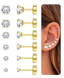 MILACOLATO 6 Pairs Flat Back Earrings Gold 18G Hypoallergenic 316L Stainless Steel Round Cubic Zirconia Stud Earring for Women Men Screwback Studs Cartilage Helix Ear Piercing