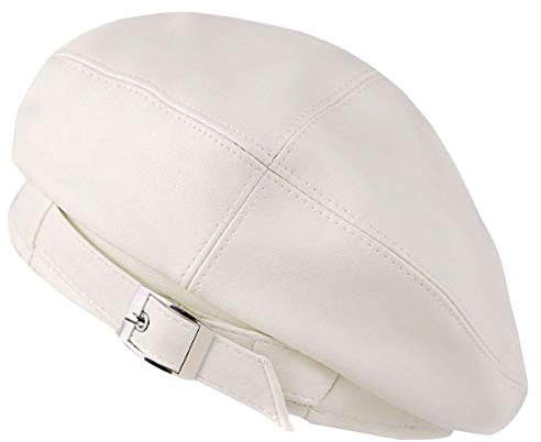 MEGAUK Herbst und Winter Frauen Baskenmütze Französisch Leder Hut Solide Baskenmütze Retro Baskenmütze Casual Künstler Hut Kunstleder Barett, weiß, Einheitsgröße