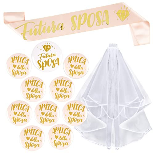 FLOFIA Italienisch 12-teilige Futura Sposa Braut Schärpe Schleier JGA Accessoires Frauen Buttons Amica Della Sposa Junggesellinnenabschied 9X Buttons Hochzeit Bachelorette Party Deko