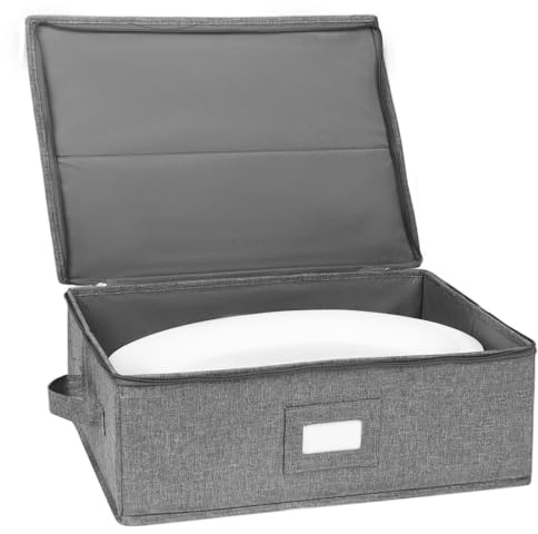Scatola Portaoggetti in Porcellana, Contenitore con Coperchio e Manici, Scatola Portaoggetti, 43 x 33 x 15 cm, 5 Divisori in Feltro, Guscio Rigido e Impilabile (Grigio Lino)