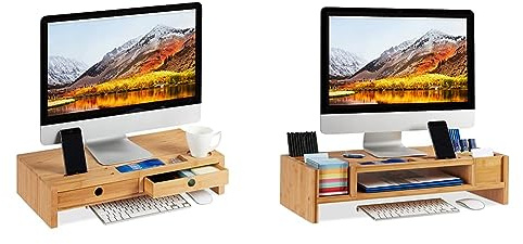 Relaxdays Monitorständer, aus Bambus, Bildschirmerhöhung mit 2 Schubladen & Ablagen, HBT 12x56x27cm, Natur & Monitorständer, Bildschirmständer aus Bambus, 14 Fächer, HBT 15x65x28 cm, Natur