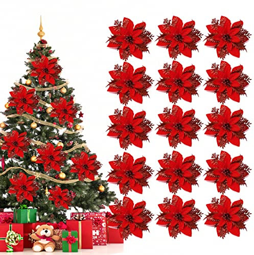 Taozoey 15 Pezzi Stella di Natale, Fiori Artificiali per Albero di Natale, Rosso, Decorazioni Natalizie