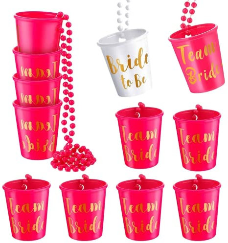 FANXIYA 12 Stück Schnapsgläser mit Kette Kunststoff Schnapsglas zum Umhängen Wiederverwendbar Perlen Braut Schnapsglas Team Braut Schnapsglaskette Becher Team Bride (Rot+Weiß)
