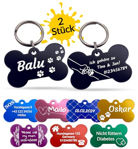 Unikat Branding | Hundemarke personalisiert im Doppelpack, Erkennungsmarke für Hunde & Katzen, beidseitig gravierbar mit Name, Telefonnummer & Adresse, Adressanhänger | Knochen