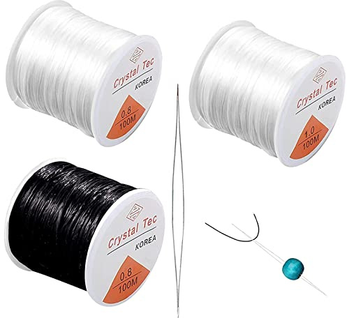 MOSNOW 3 Rolls Crystal String Stretch Line - 100m Elastic Cord for Bracelets, 0.8mm 1mm Beaded String, Black+White Threads for DIY Jewelry Making, Necklace Bracelet