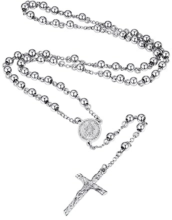 Supcare Stainless Steel Rosary Necklace for Men and Women Prayer Beads Cross Catholic Jewelry Gifts with Pouch and Box for Baptism Mens Wearable Rugged Silver Metal Rosarios Catolicos Para Hombre