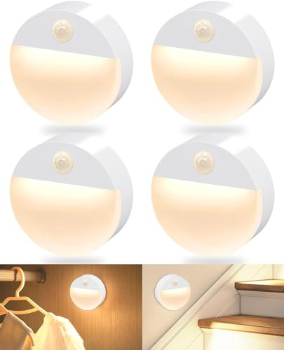 FLOWood Nachtlicht mit Bewegungsmelder, LED Warmweiß, 4 Stück | Batteriebetriebene Treppenbeleuchtung, kabellos platzierbar, für Kinderzimmer,Flur, Treppe, Schlafzimmer, Küche und Schrank