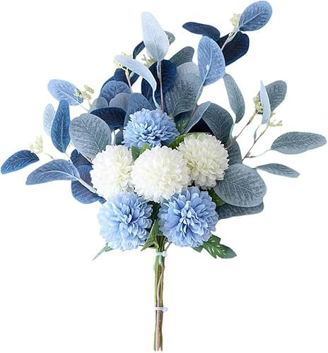 HAOSHICS Hortensias y Crisantemos Artificiales de Seda para Decoración de Centros de Mesa de Café (Azul y Blanco)