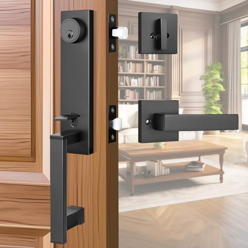 Tinewa 1 Pack Front Door Lock Set, Matte Black Exterior Door Handle and Deadbolt Set, Modern Heavy Duty Low Half Lever with Deadbolt, Adjustable & Reversible for Right & Left Handed Doors