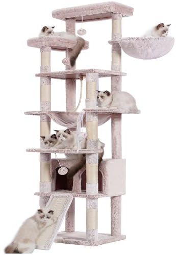 Heybly Muchroom HCT033MU Hoch-Katzenbaum, 198,1 cm, mehrstufiger Katzenturm für Indoor-Katzen, 2 verbreiterte Plüsch-Sitzstangen, Katzenhütte mit Kratzbrett und großen Höhlen, 198,1 cm