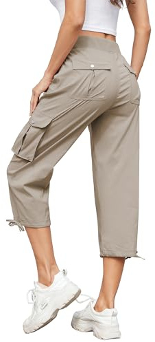 Hormtaer Dam beskurna byxor last sommar capri joggingbyxor dambyxor 3/4 längd träningsbyxor utomhus casual vandringsbyxor med 6 fickor, Khaki, XL