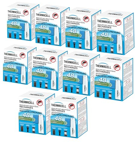THERMACELL 10 Recharges Anti Moustiques Moustiques Tigres - 20m² - 48h | Compatible Diffuseurs, Nomades et Lanternes - 40 Cartouches + 120 Plaquettes - 10 Pack - THRECHARG48NX10