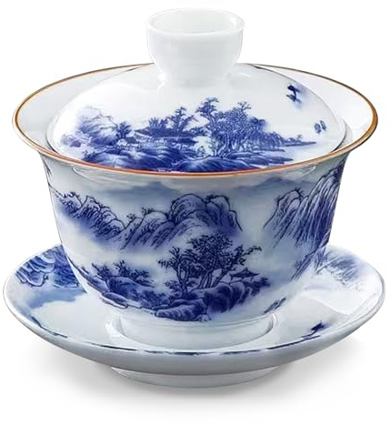 fanquare Blaue und weiße Gaiwan Landschaft Porzellan Chinesisch Traditionelle Gaiwan Sancai Tee Schale mit Deckel Vintage Tee Tasse Untertasse Abdeckung Set für Haus Büro 180ML