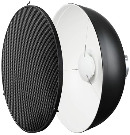 BDR-W55 Pro 55cm Professional White Beauty Dish with Honeycomb Grid - 54.1cm Diameter, White Interior, Aluminium Material, Bowens S-Type Mount, (Included Diffuser Sock)
