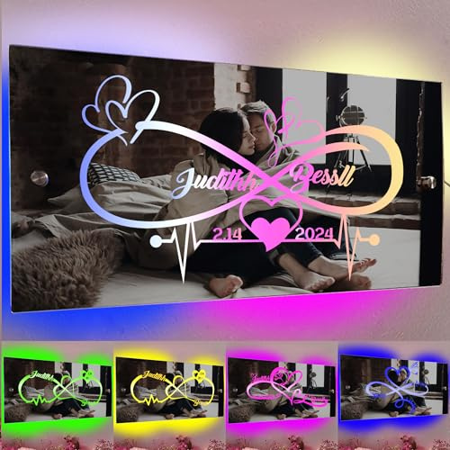 Certykllp LED-Spiegelleuchte mit Unendlichkeitszeichen, personalisierbar, mit Paar-Namen, Unendlichkeits-Herz, Wandkunst, individuelles Brautpaare, Jahrestage,