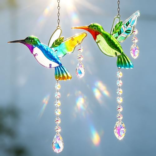 2 Stück 18.1 Kolibri Sonnenfänger Ornamente zum Aufhängen Fenster Garten | Rainbow Maker Kristallprisma Sonnenfänger Kristall Vogel Anhänger Weihnachten Party Deko Stained Glass Hummingbird Suncatcher