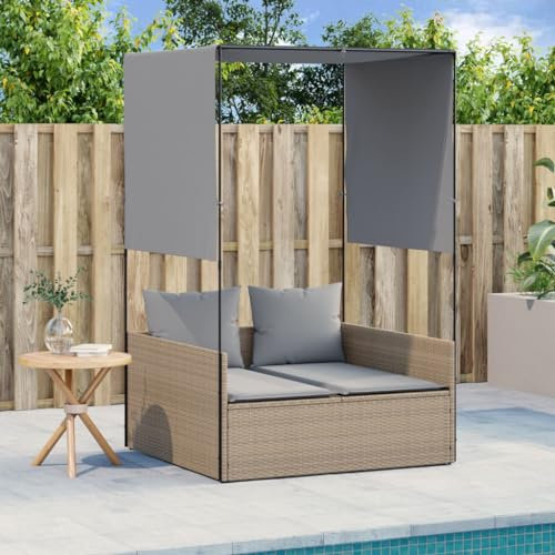 LAPOOH Doppel-Sonnenliege mit Dach und Vorhängen Beige Poly Rattan, Gartenliege, Liegestuhl, Sonnenstuhl, Sonneninsel Outdoor, Liegen, Gartenmöbel, Bäderliege, Relaxliege - 4002758