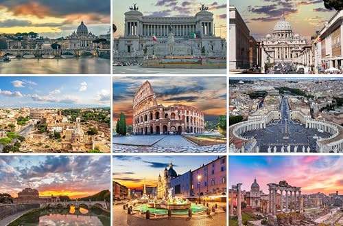 Set di cartoline Roma: 9 carte singole (cartoline) - Motivi fotografici tra cui Colosseo, Foro Romano, Basilica di San Pietro, Piazza Navona, Monumento a Vittoria Emanuele, Piazza San Pietro - Foto
