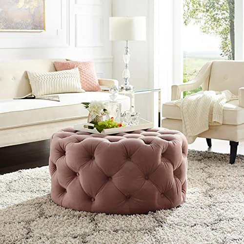 Luxuriöser bequemer Plüsch-Fußstützen-Hocker, klein, rund, getufteter Samt, Ottomane, Bettbank, 60 x 60 x 40 cm, Rosa
