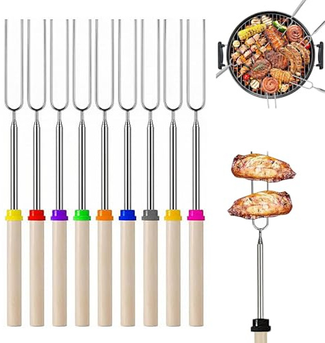 Teleskop Grillspieße, 10 Stück Lagerfeuerspieße Edelstahl, Lagerfeuerspieße mit Holzgriff, Stockbrot Spieße, Ausziehbar Stöcke Roasting, Grillbesteck Set für Camping Grill(10 Farben, Edelstahl)
