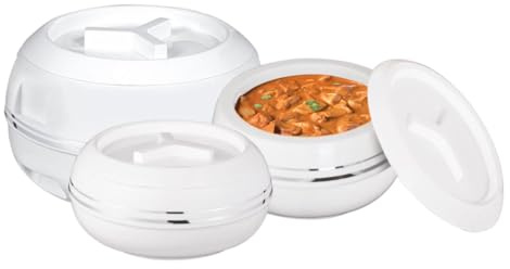 FotoStation (2500ml, 3200ml, 5500ml) Double Walled Insulated Casserole Serving Dishes Mega Set with Locking Lid BPA Free Inner Stainless Steel Food Warmer/cooler Hot Pot Thermal Food Container - WHITE