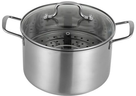 4 l kastrull 22 cm rostfritt stål, obelagd matlagning gryta silver pastagryta diskmaskinssäker soppgryta kastruller med ånginsats, glaslock och handtag