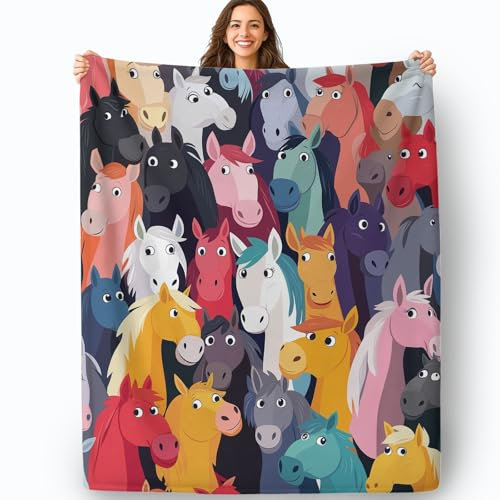 Kuscheldecke Flauschig Decke Cartoon Tiere Pferde Flanell Fleecedecke 130 x 170 cm Wohndecke Warm Leicht Kuschelige Angenehme Winter Weich Sofadecke für Sofa, Couch und Bett Bunt